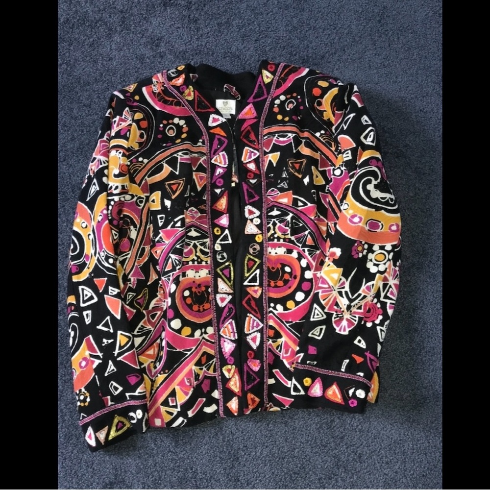 Vintage 90s Multicoloured Jacket Abstract • Beads & Sequins on Black• Statement - Picture 6 of 16